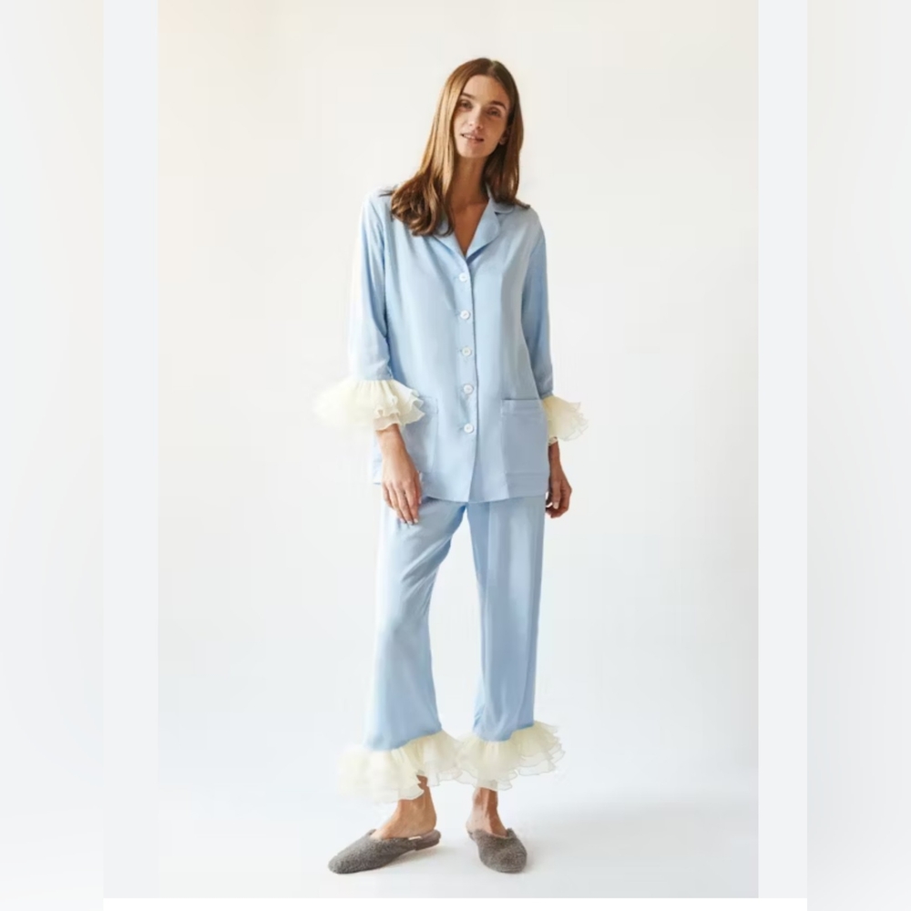 Sleeper Sky Blue Pajama Set with Ivory Ruffle Accents